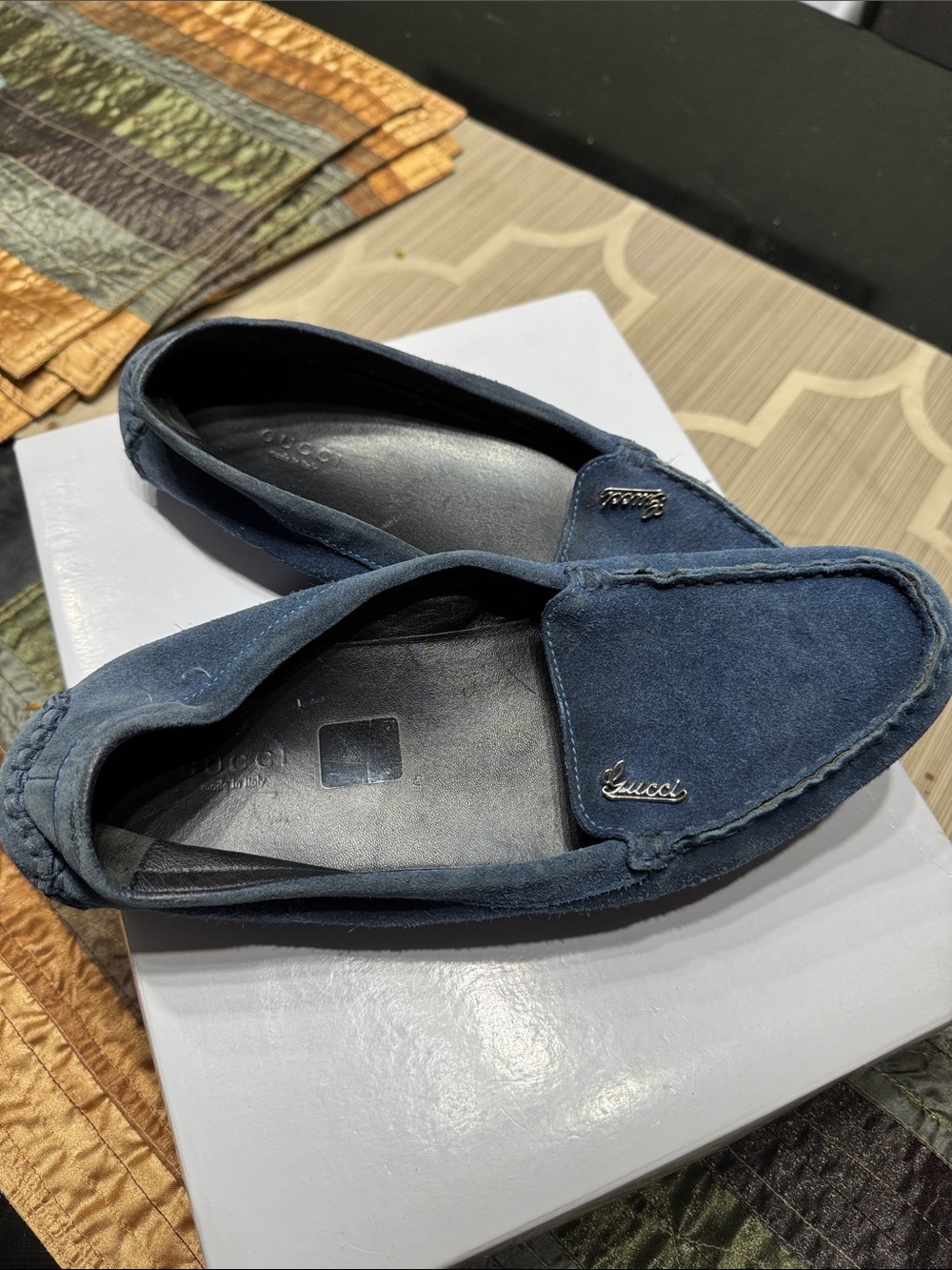 Gucci Navy Suede Slip-On Loafers with Logo Hardware